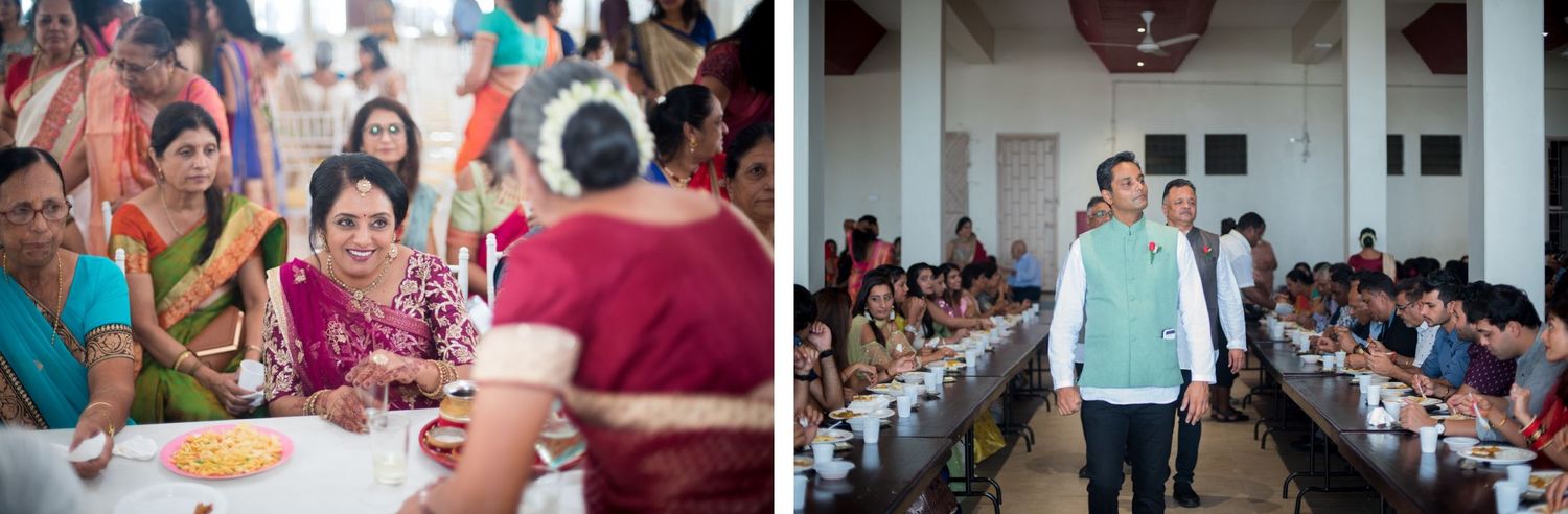 Candid moments from a South Asian wedding celebration showing guests and venue details.