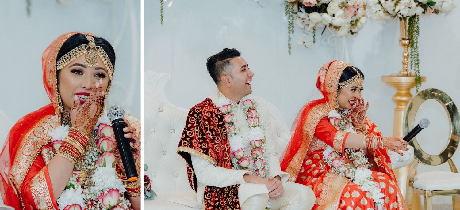 Wedding ceremony candid moments showing celebration with traditional red attire.