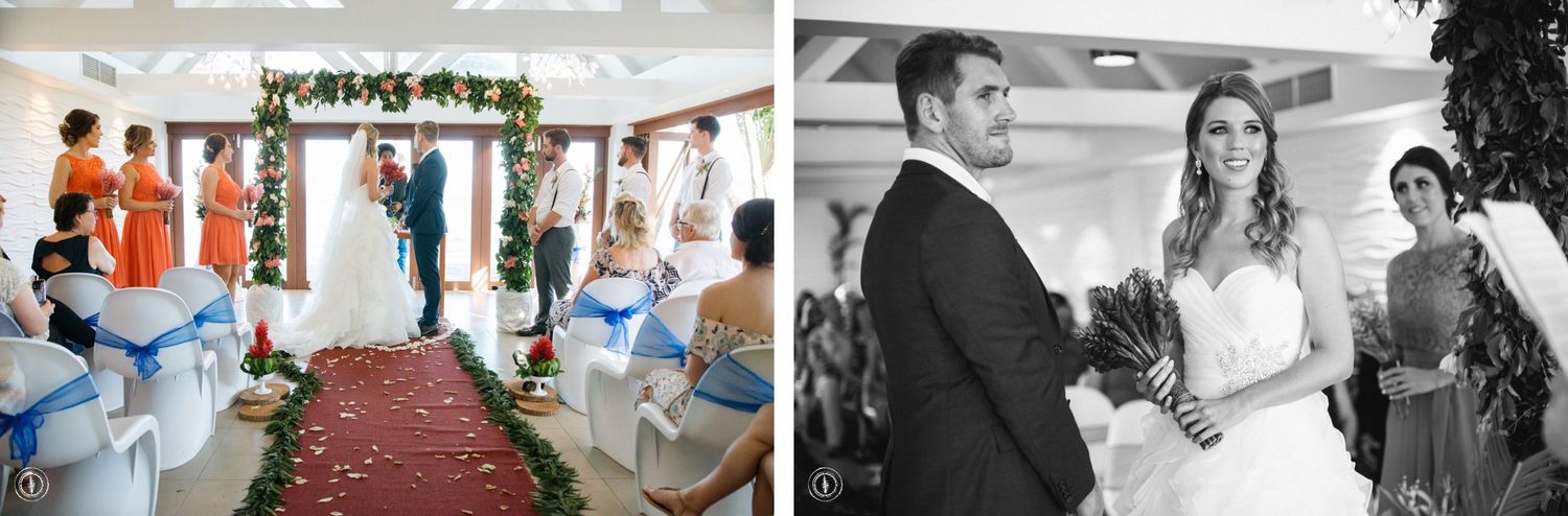 Two views of a wedding ceremony showing guests seated and exchanging rings under floral decorations.