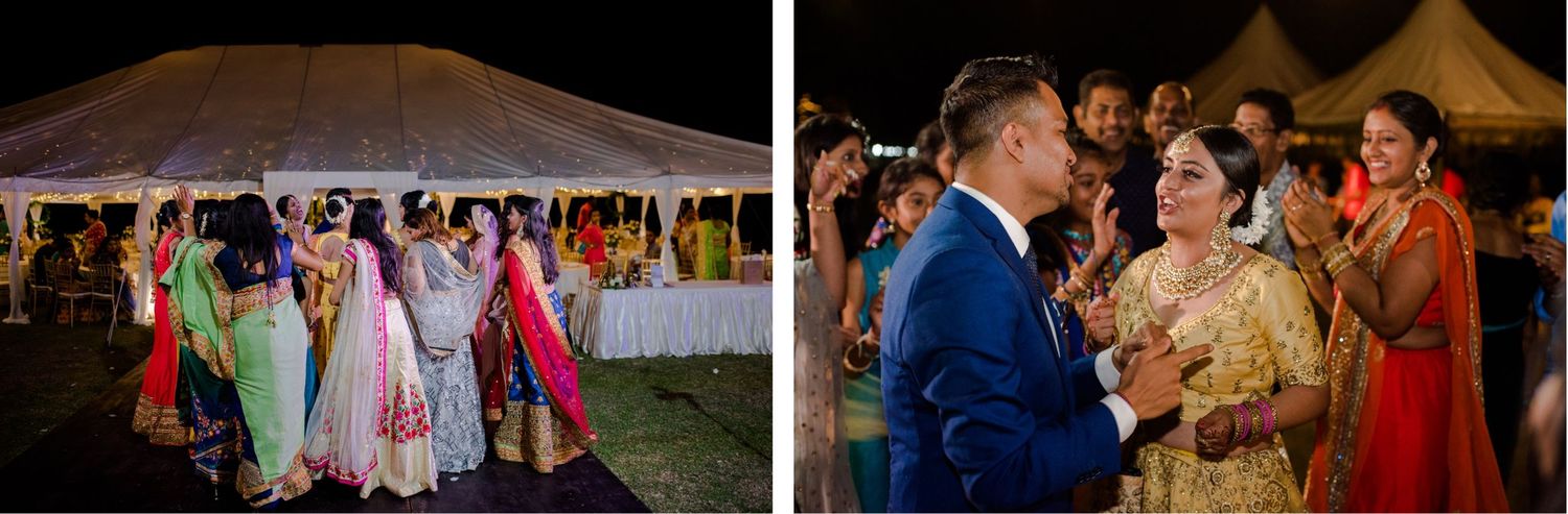 Wedding celebration under white tents with colorfully dressed guests enjoying the festivities.
