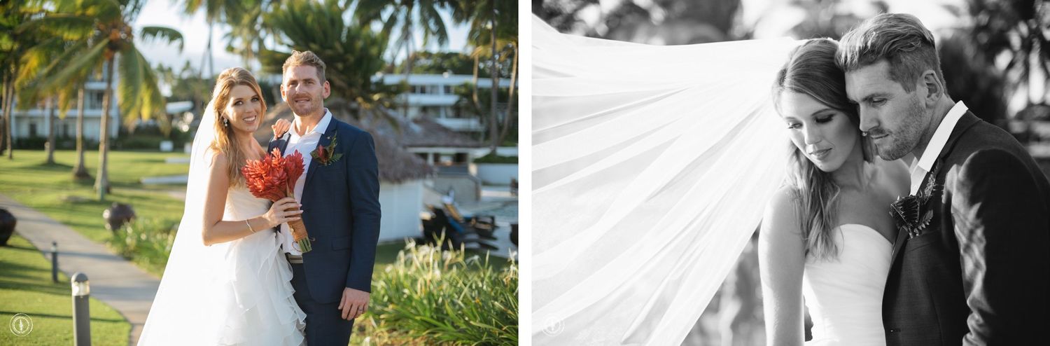 Wedding portraits captured at a tropical palm-lined venue.