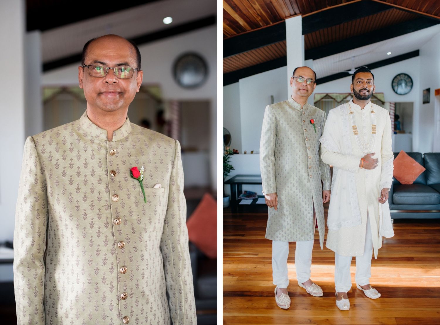 Two elegantly dressed individuals in traditional cream-colored Indian wedding attire stand in a modern interior space.