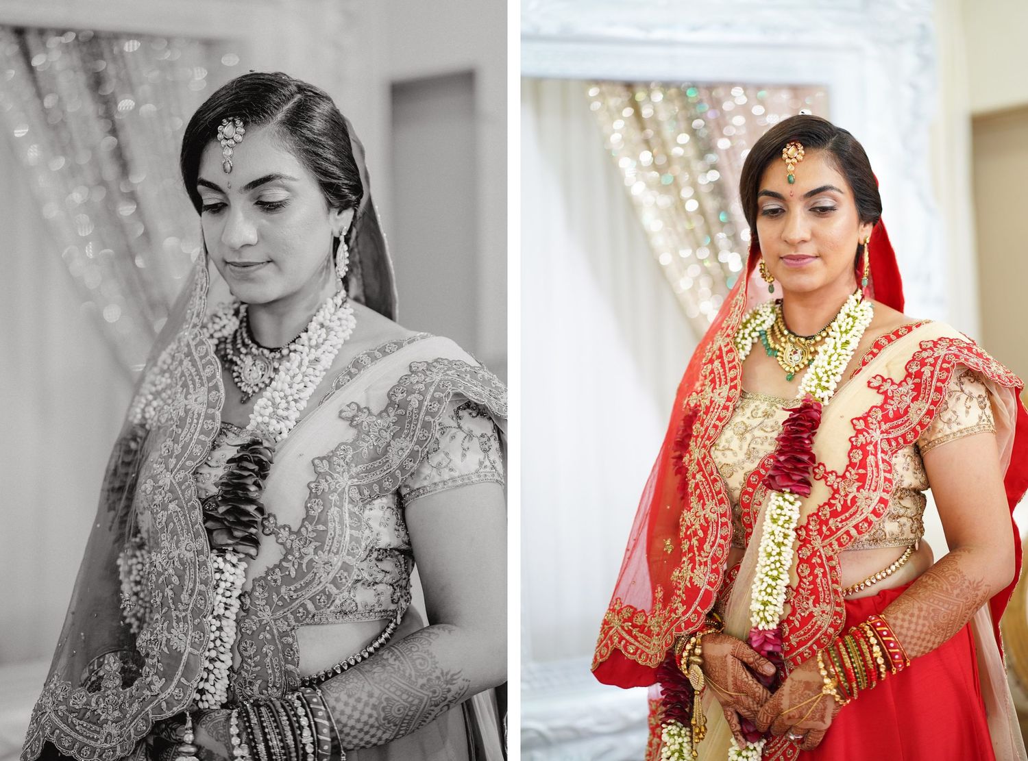 Side-by-side portrait of bride in traditional Indian attire in color and black and white.