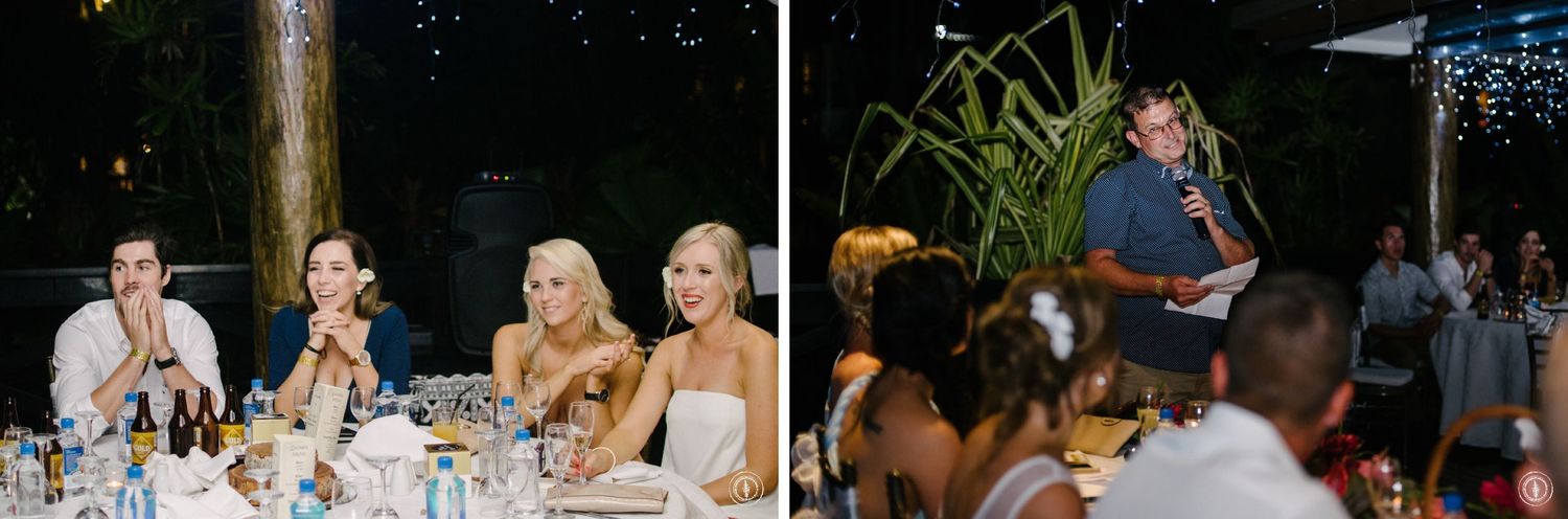 Wedding guests responding to speeches at reception split with candid moments.