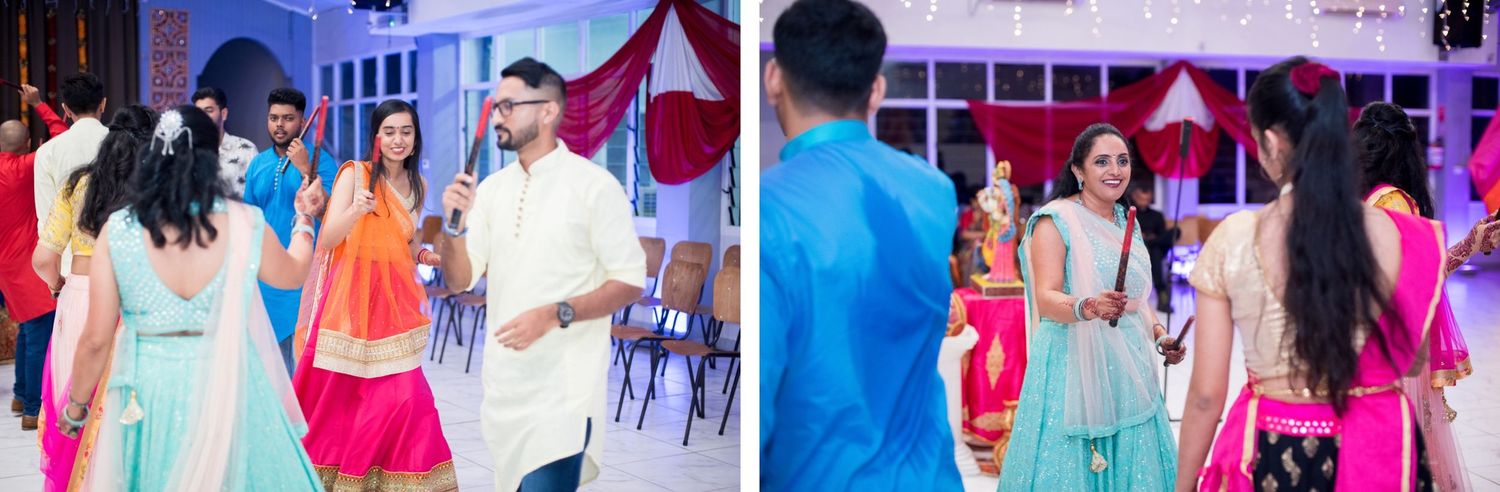 Wedding celebration candid moments showing guests interacting in traditional Indian attire.