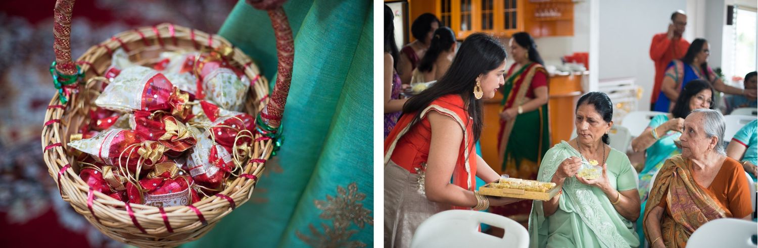 Wedding details showing flower basket and guests during celebration.