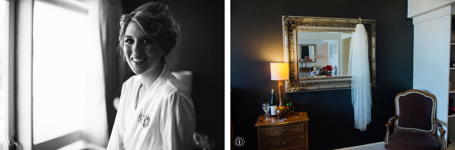 Black and white artistic wedding preparation photos in hotel room setting.