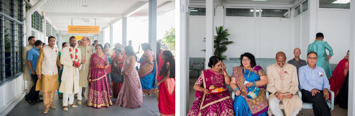 Wedding guests in colorful traditional Indian attire gathered in modern indoor venues.