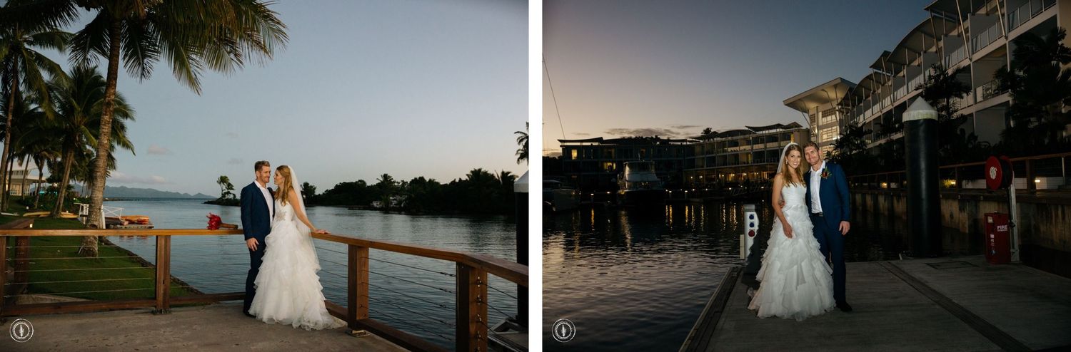 Wedding photography collage showing waterfront and evening venue shots.