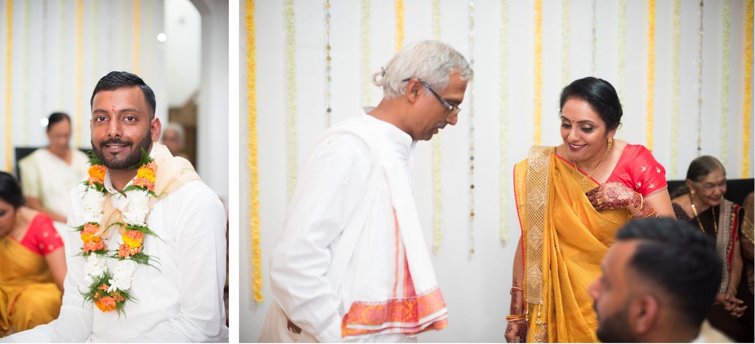 Wedding ceremony participants in traditional white and yellow attire during rituals.