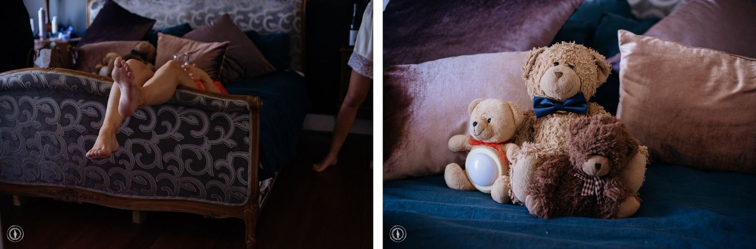 Teddy bears resting on brown cushions and a sofa.