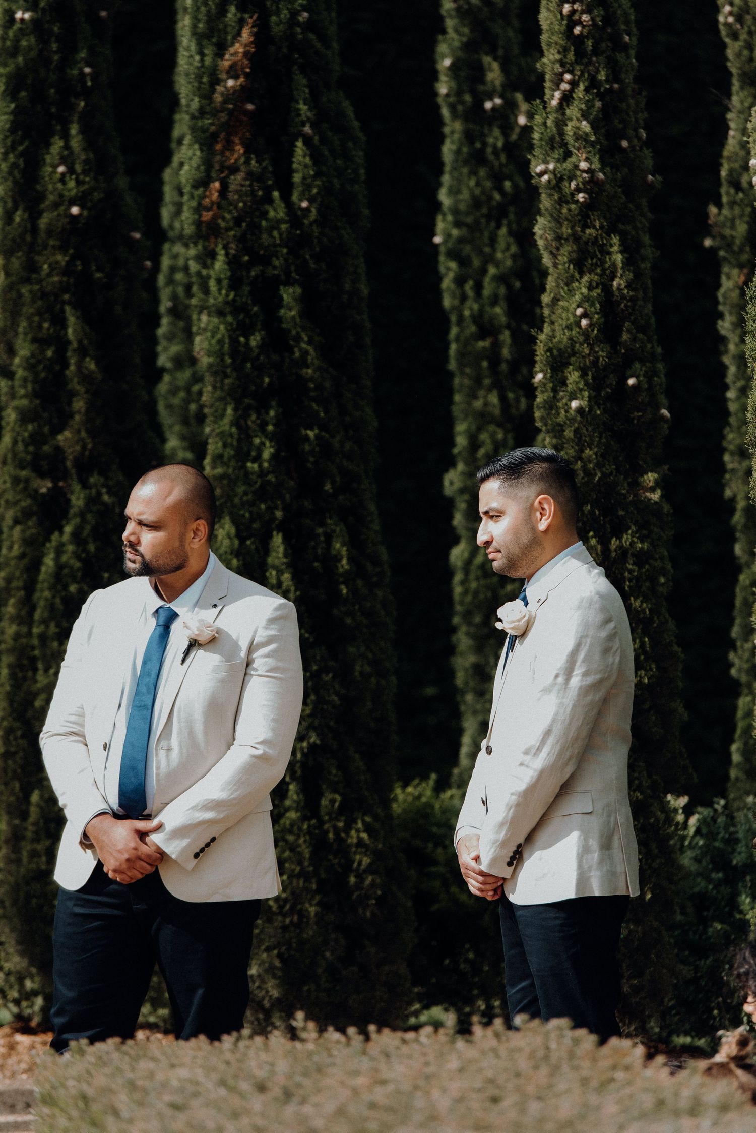 Two groomsmen in light suits stand against a backdrop of tall cypress trees during an outdoor wedding ceremony.