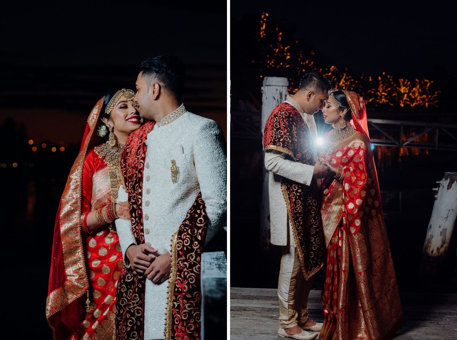 Romantic wedding photo shoot of couple in traditional South Asian attire at night.