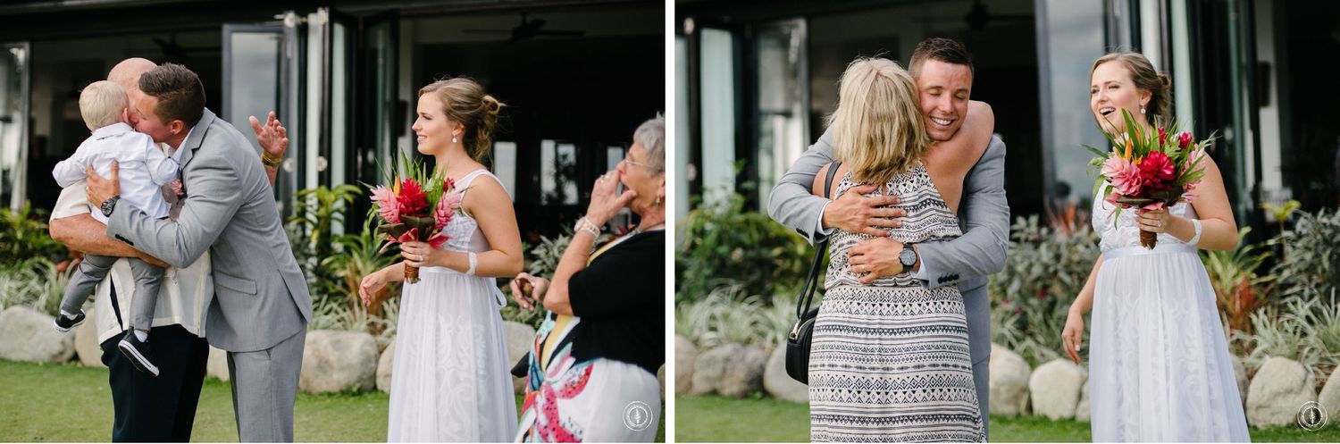 Two emotional moments captured during a tropical wedding ceremony with floral bouquets and elegant attire.