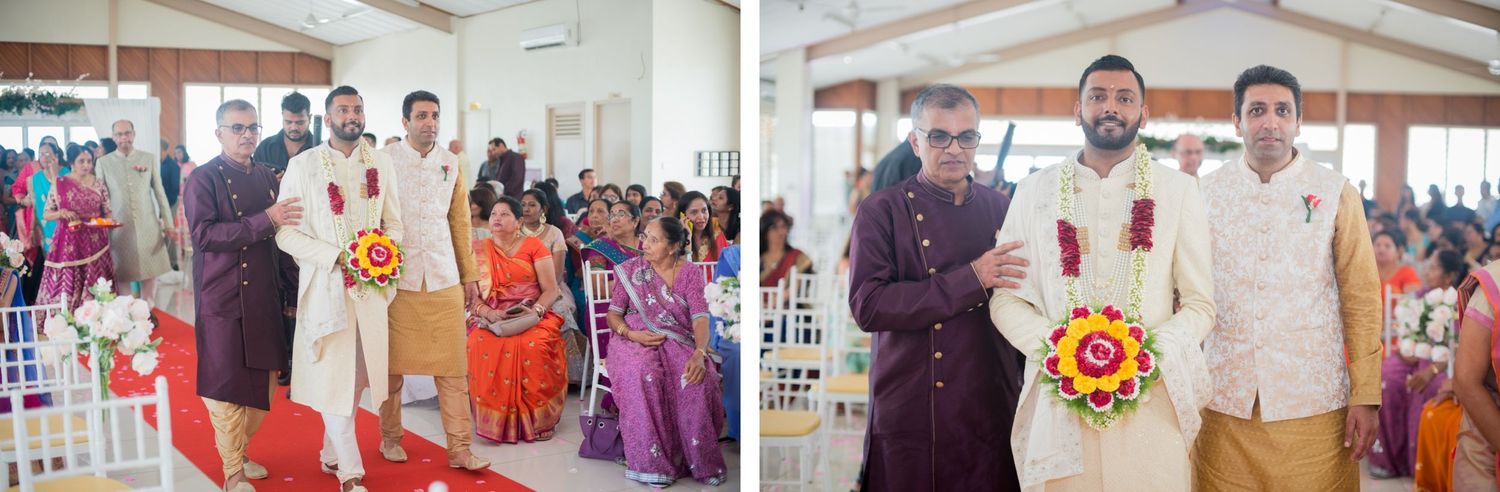 Wedding ceremony attendees participating in traditional rituals in a brightly lit venue.