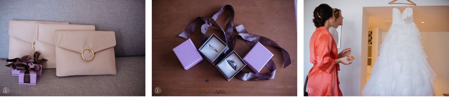Wedding detail shots including invitation, ring boxes and dress preparations.