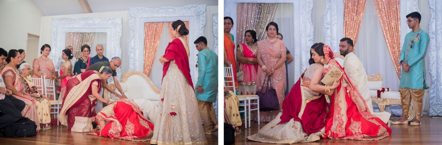Wedding ceremony rituals being performed in an elegantly decorated venue with coral and white decor.