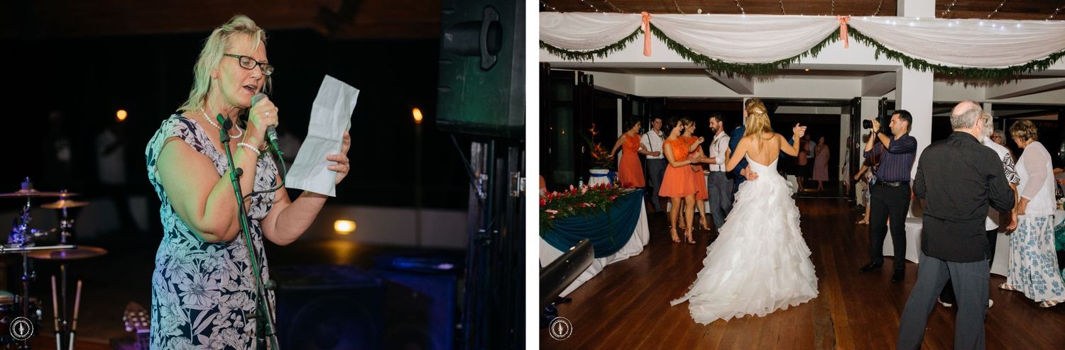 A wedding reception scene showing guests dancing and celebrating on the dance floor.