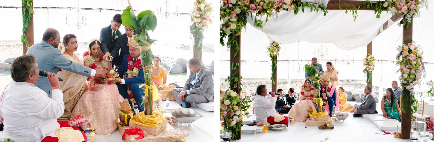 Outdoor wedding ceremony and reception setup with floral decorations and guest seating.