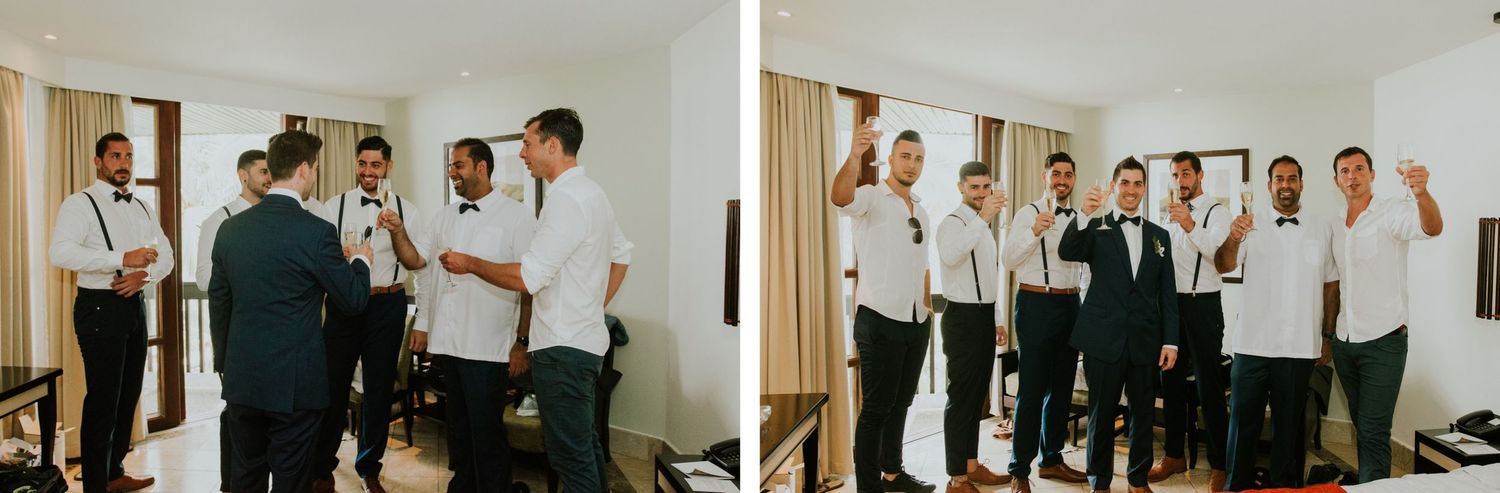 A group getting ready together in a hotel room wearing white shirts and dark pants.