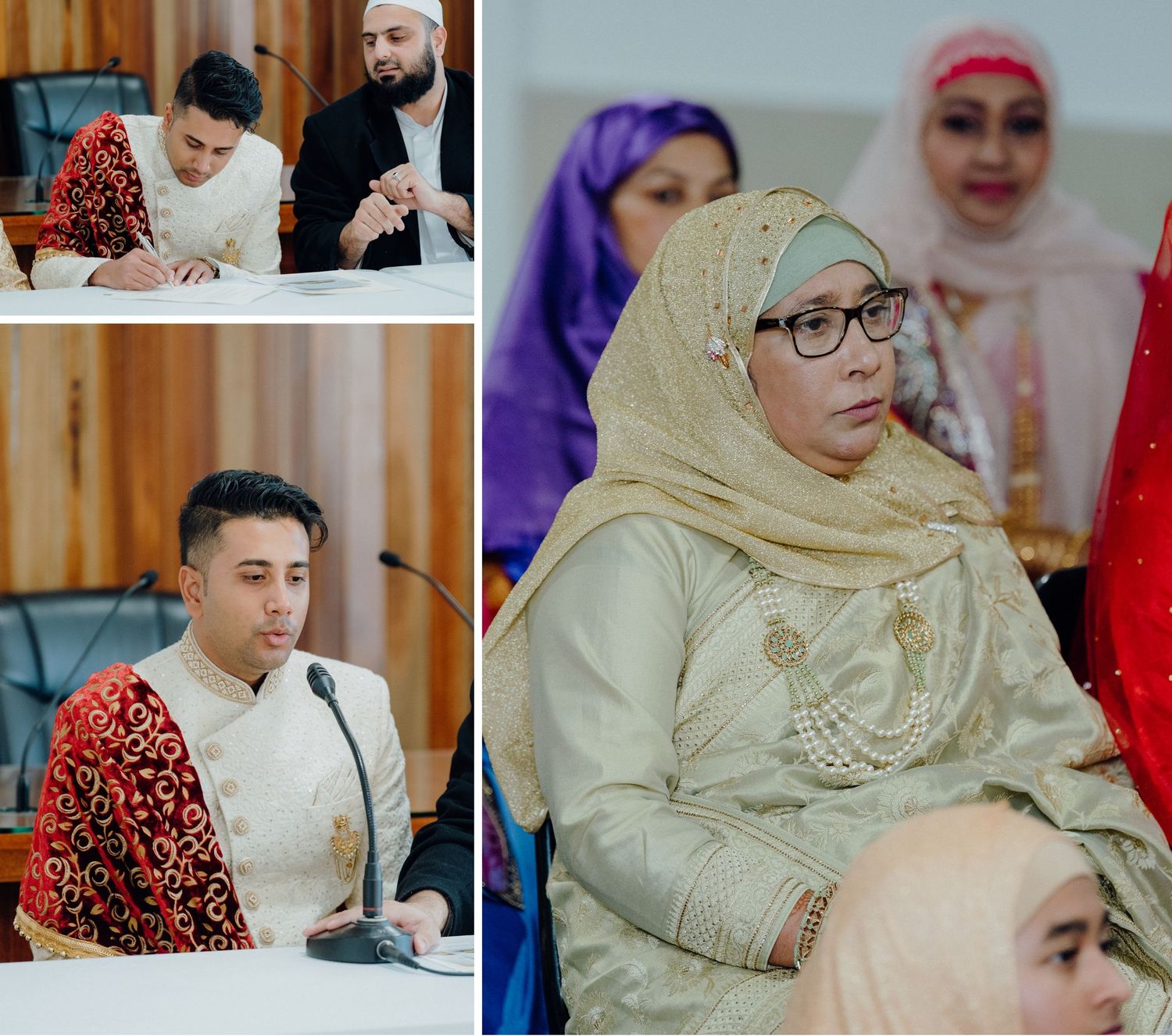 People gathered at an indoor event wearing traditional attire and hijabs.