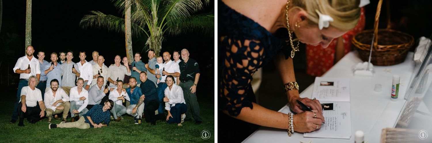 Split image of group photo and guest book signing at wedding reception.