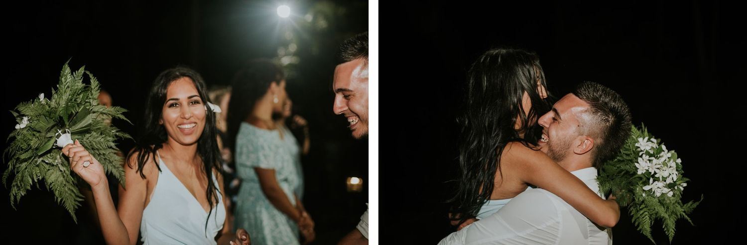 A festive wedding celebration captured in split images under moonlit sky.