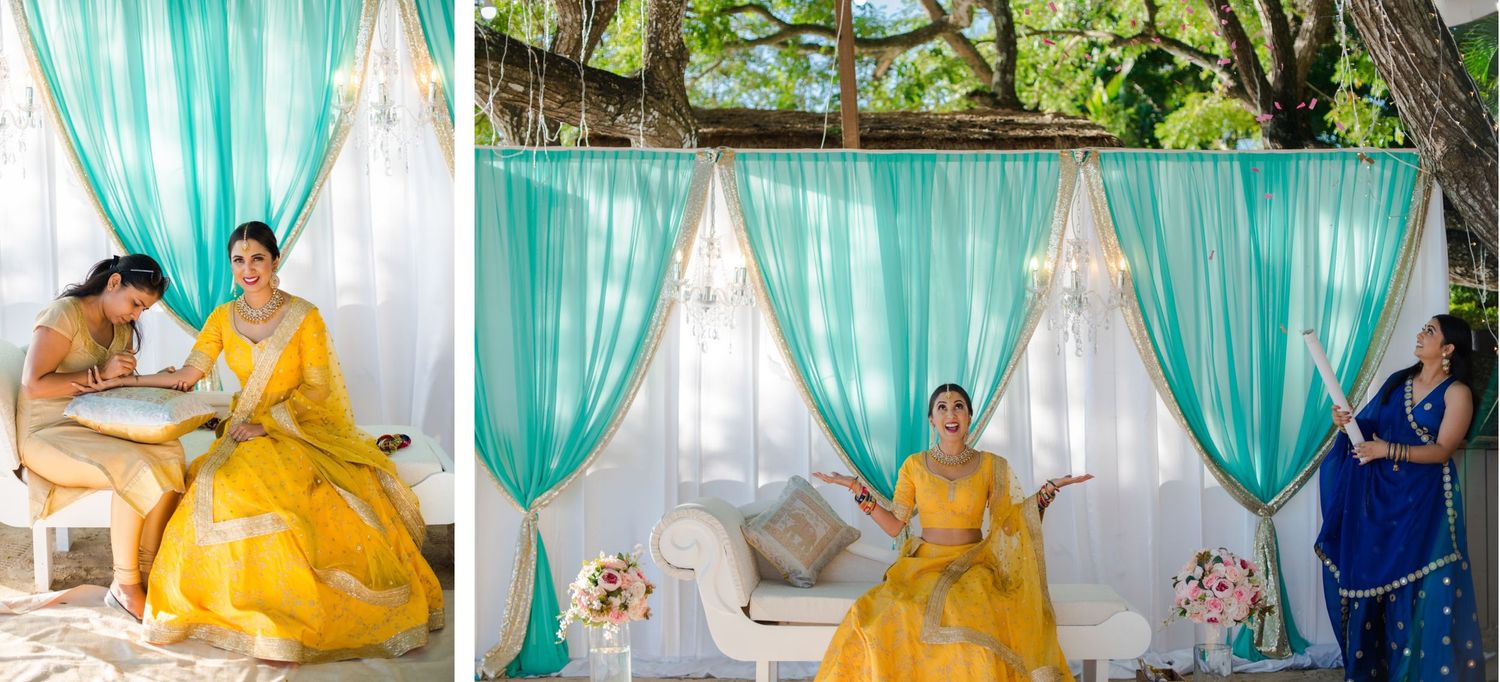 Wedding photo series showing turquoise draped backdrop and yellow traditional Indian attire.