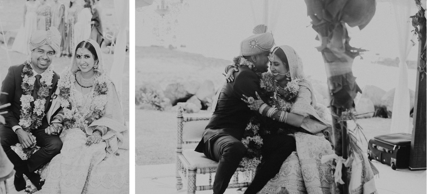Two black and white photos showing moments from a traditional wedding ceremony.