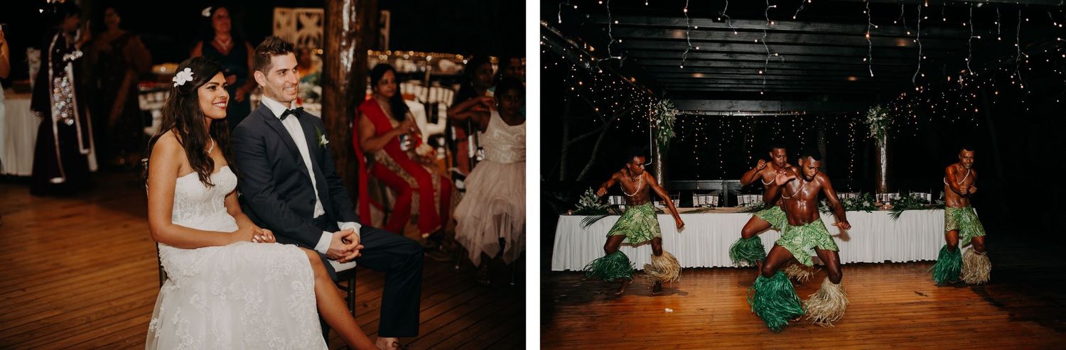 A wedding reception scene with guests gathered indoors under ambient lighting.