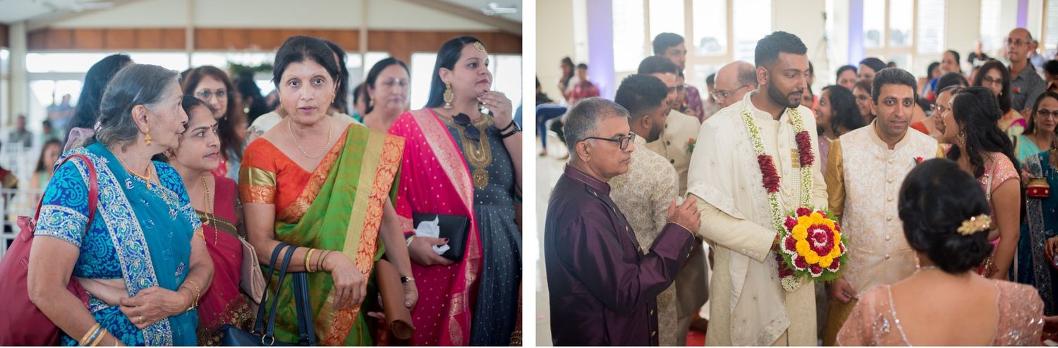 Group of guests in colorful traditional Indian attire participating in wedding festivities.