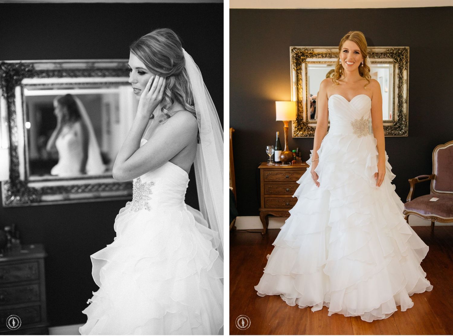 A bride in a flowing white strapless wedding gown poses in front of an ornate mirror.