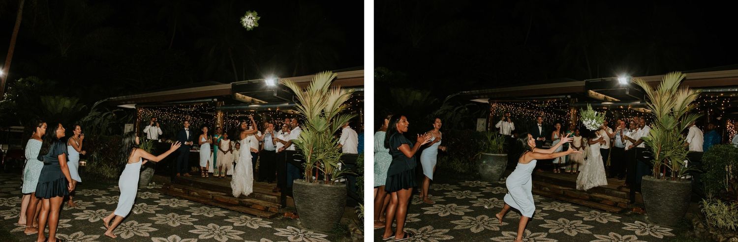 A nighttime wedding celebration with couples dancing under string lights.