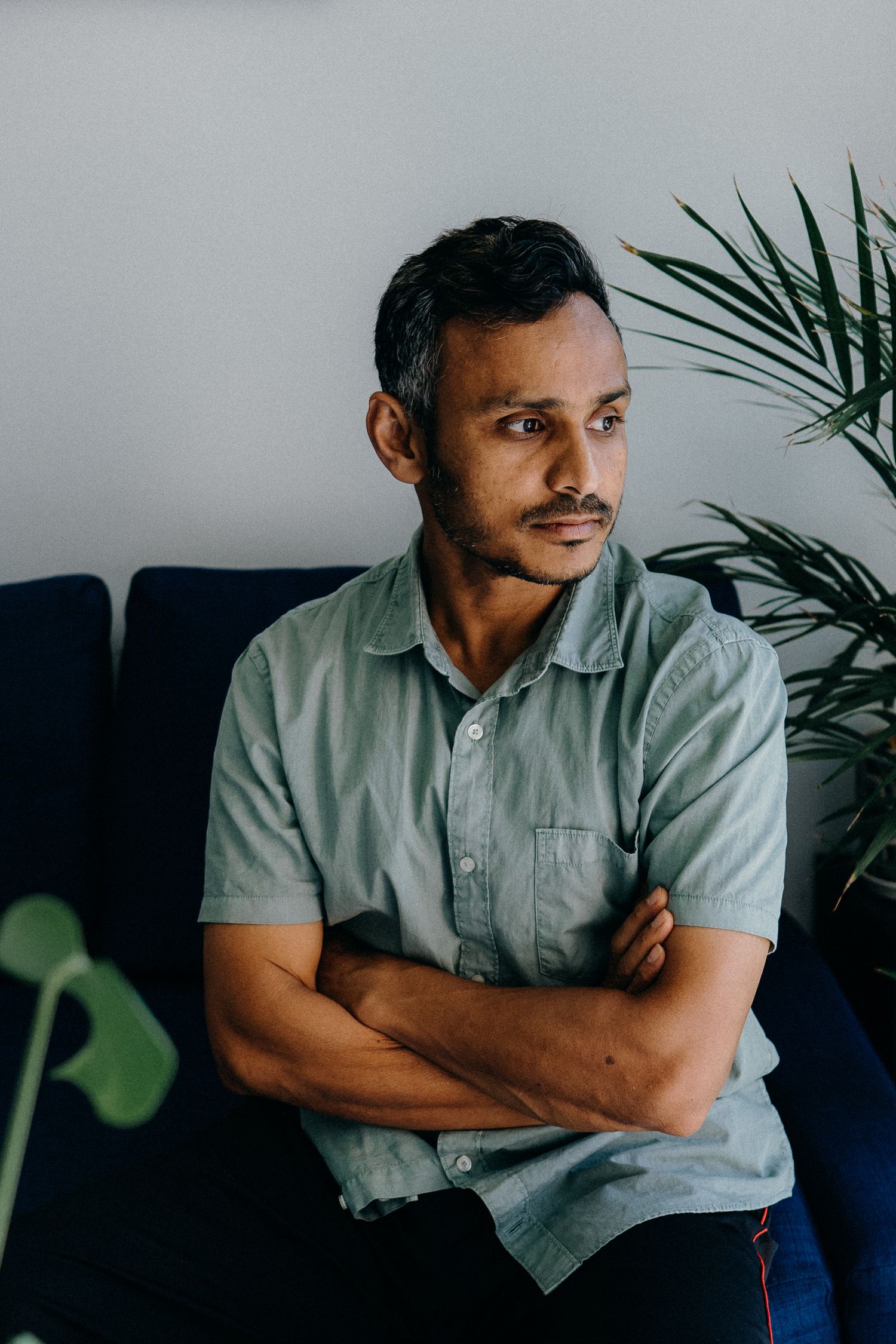Thoughtful South Asian man with arms crossed sitting on blue sofa with tropical plant in background.