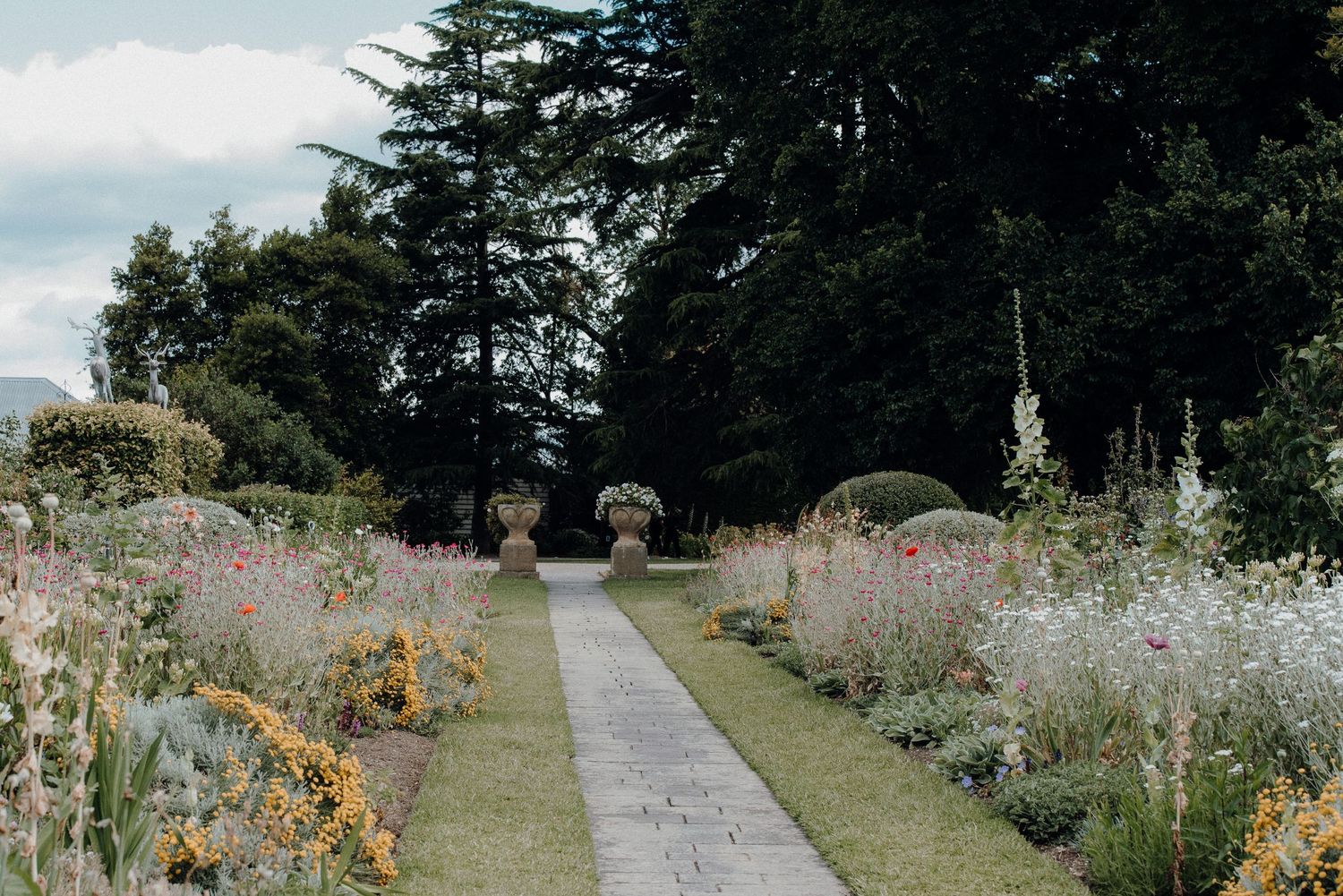 A stone path leads through a blooming garden with wildflowers and tall evergreen trees.