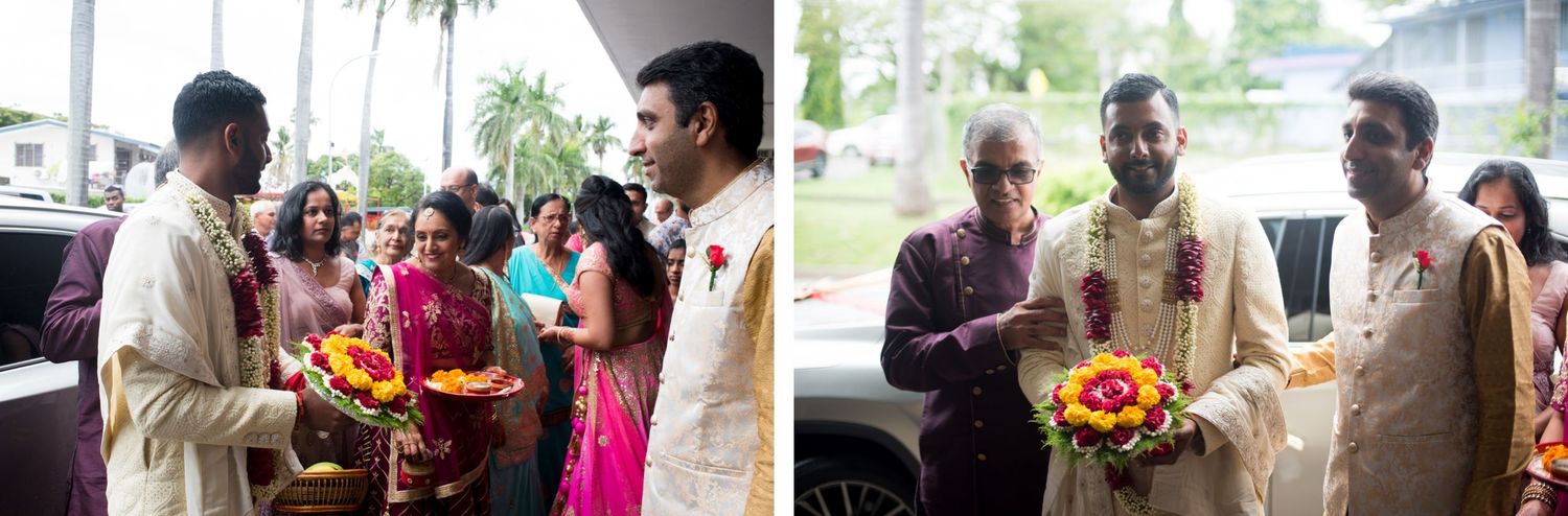 Two candid moments from a wedding ceremony showing guests with decorative offerings.