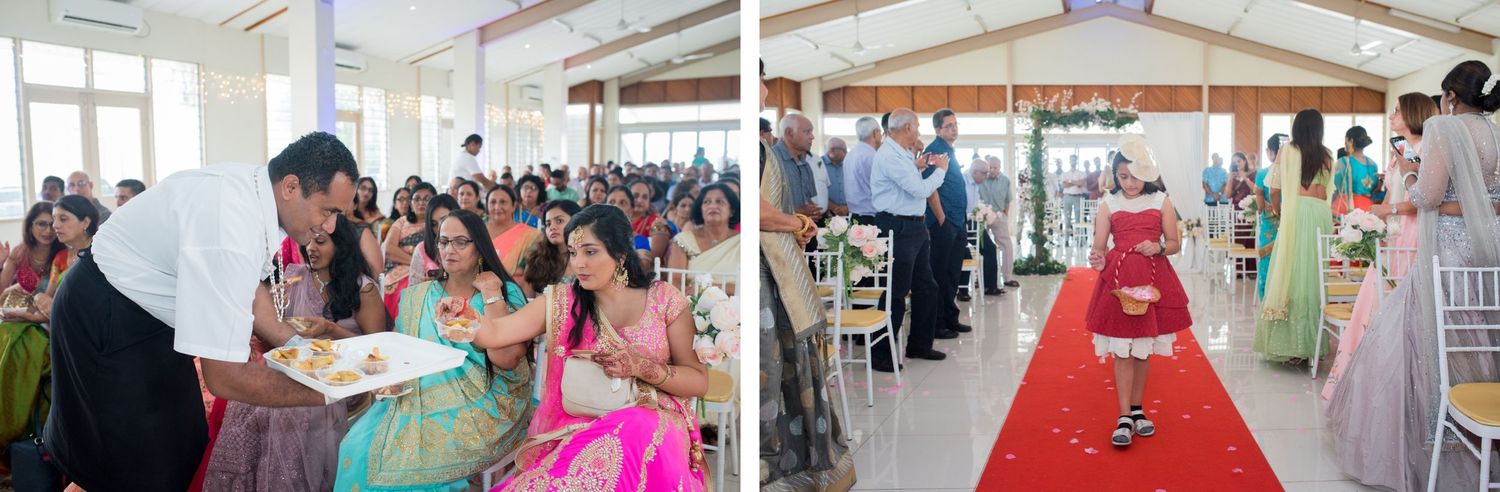 Wedding celebration scenes showing guests and decorated venue with red carpet aisle.
