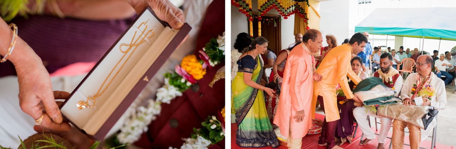 Detail shots of ceremony items and decorations during a traditional Indian wedding celebration.
