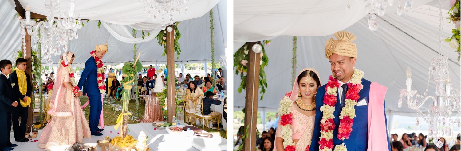 Traditional wedding celebration inside a decorated tent with guests in attendance.