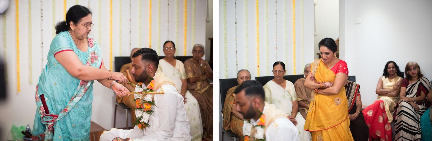 Split image showing ceremonial moments from an Indian wedding celebration with family members.