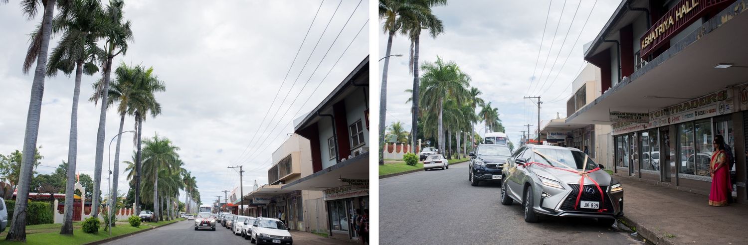 Split image showing tropical street views with palm trees and buildings on both sides.