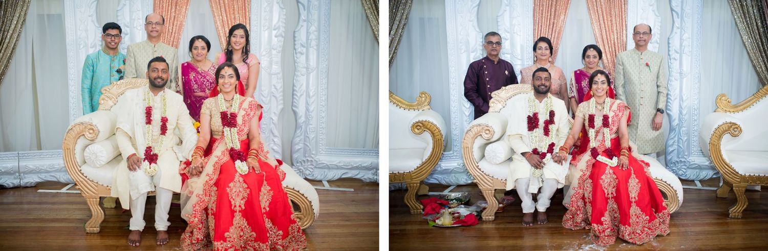 Wedding party seated on ornate golden chairs during a traditional South Asian ceremony.