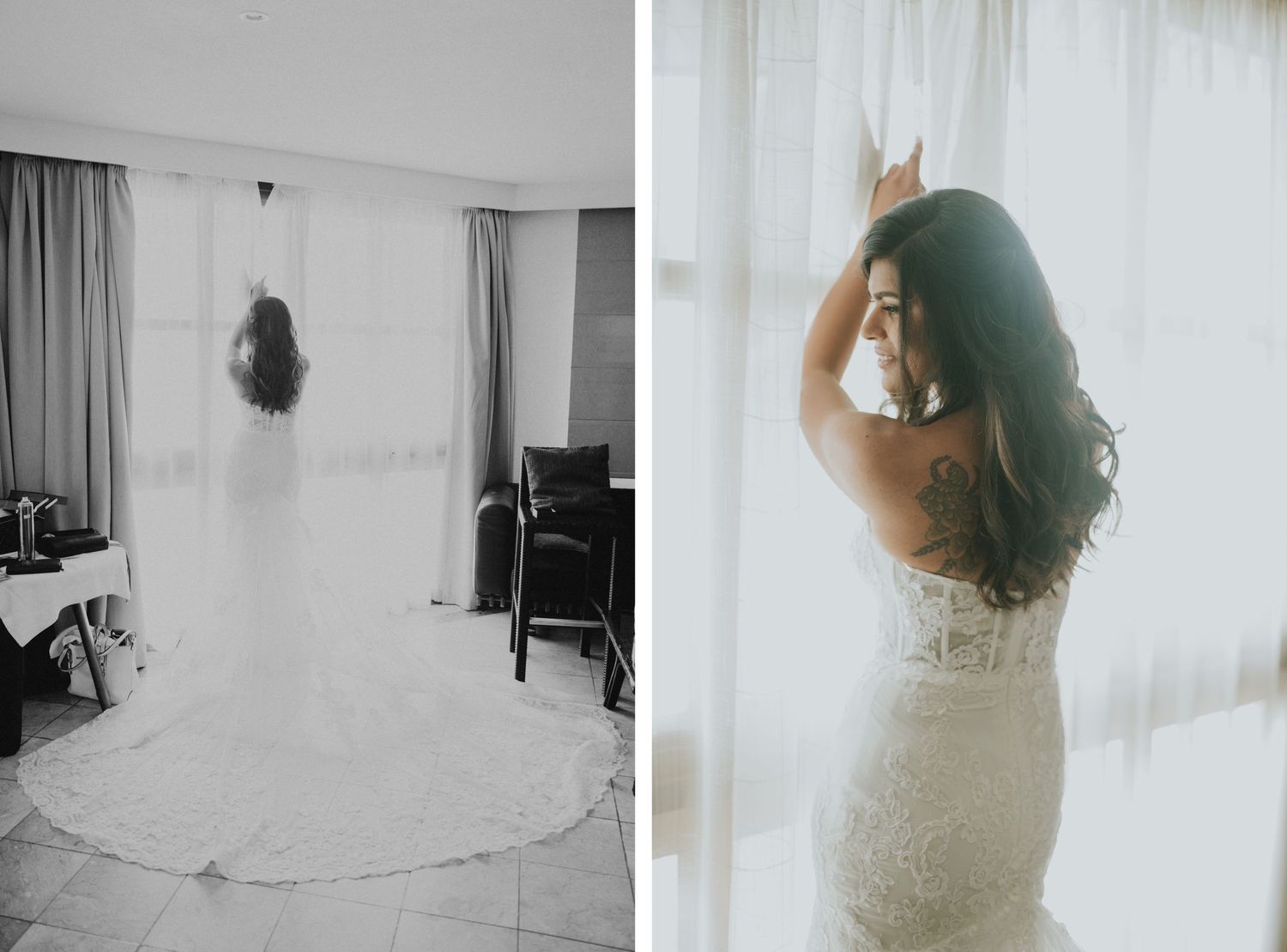 Two contrasting wedding preparation shots showing a dress against curtains.