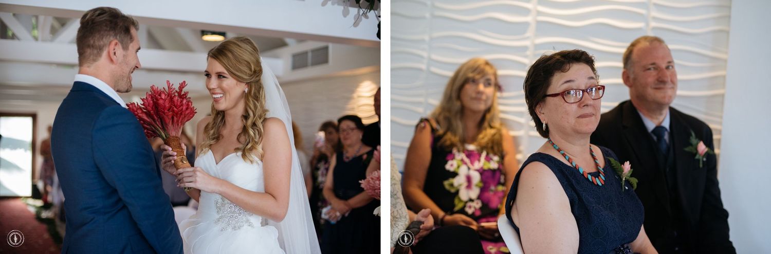 Wedding ceremony moments with guests and floral decorations in an indoor venue.