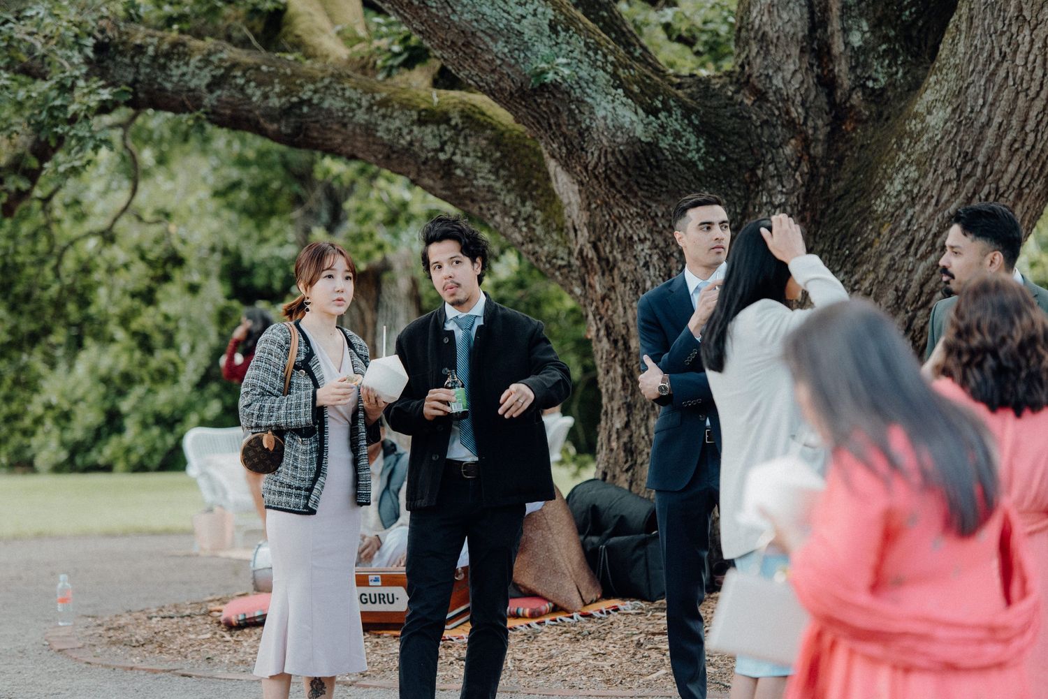 Wedding guests socializing under a large tree during an outdoor reception.
