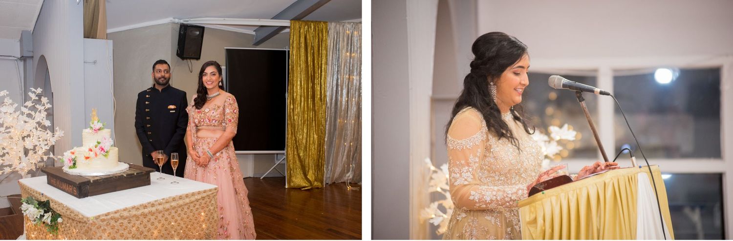 Wedding celebration at venue with pink and gold decor themes.