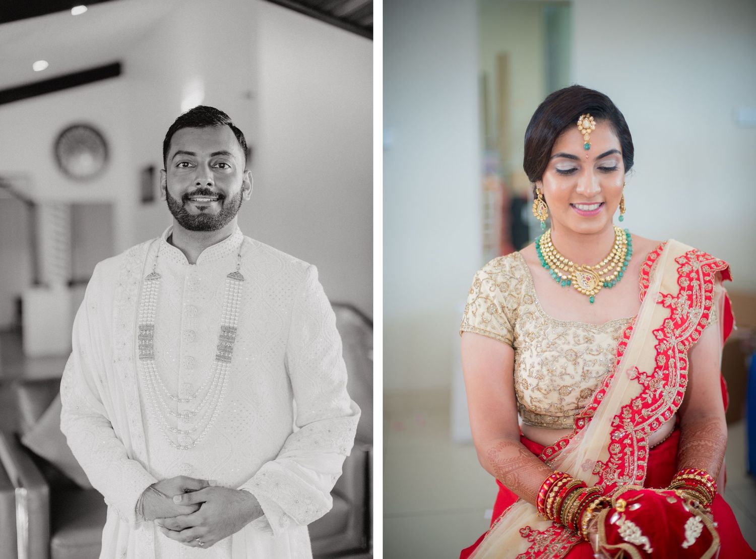 Black and white portraits of wedding couple in traditional Indian attire.