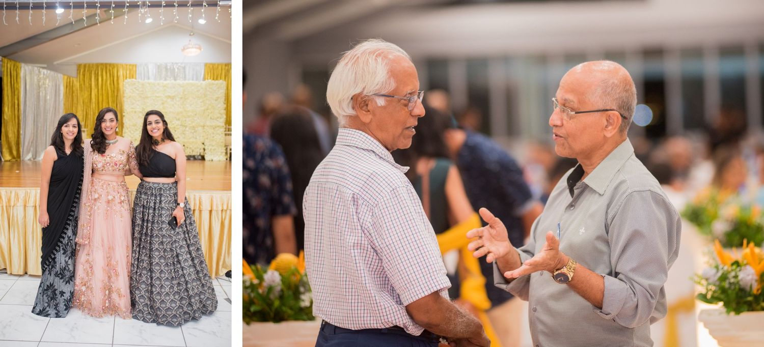 Two contrasting scenes from celebration showing guests and elderly attendees.