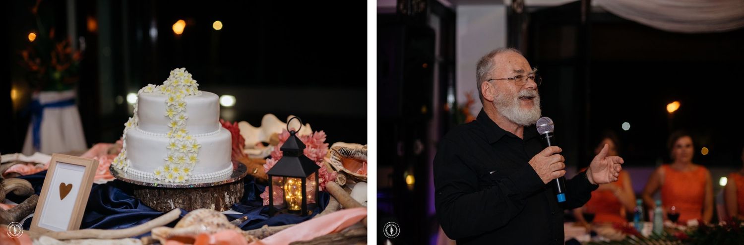 Wedding reception scenes showing cake cutting and speech moments.