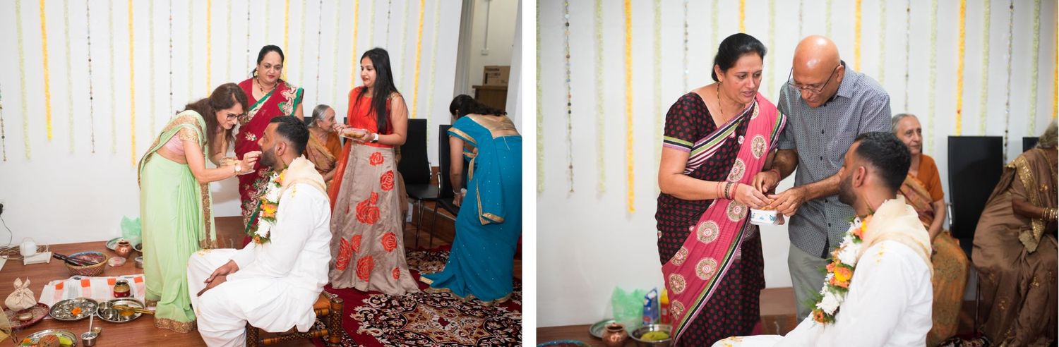 Collection of ceremony moments with family and decorative floral arrangements in baskets.